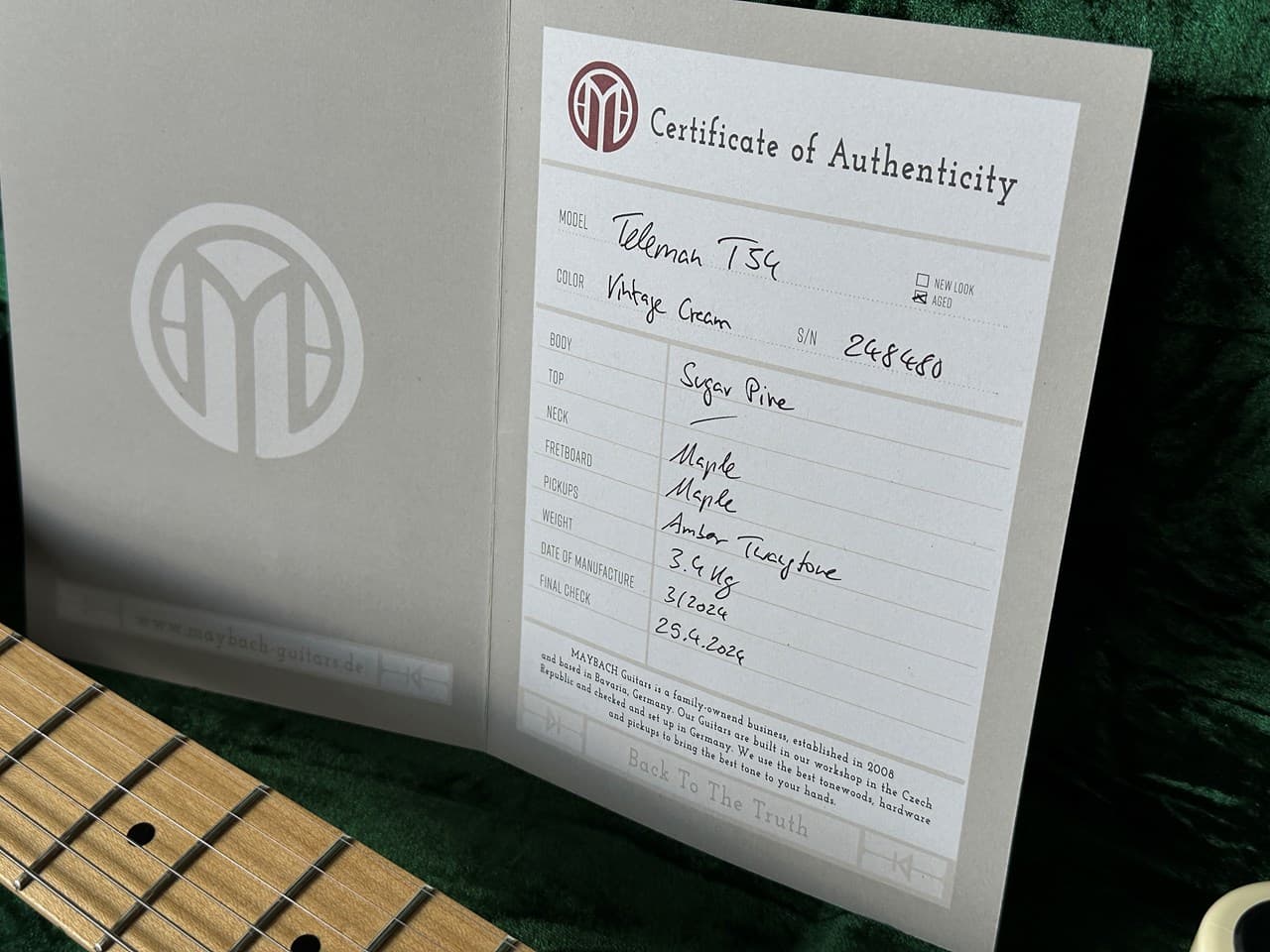 2024 Maybach Teleman T54 Aged Vintage Cream Tele Amber Pickups COA & Case - Thumbnail 2